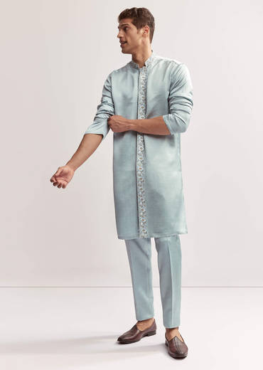 Sky Blue Satin Blend Kurta Set For Men With Zardosi Hand Embroidery