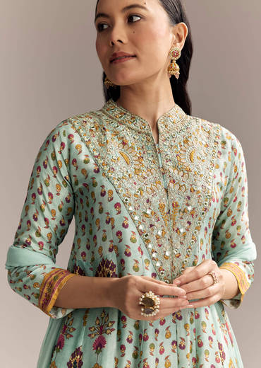 Sky Blue Silk Anarkali Suit With Boho Multi Print
