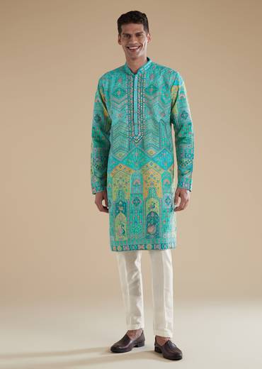 Sky Blue Silk Art Silk Mens Kurta Set with Thread Mirror Detail Work