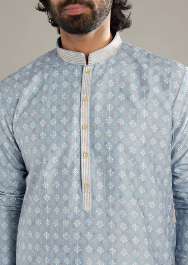 Sky Blue Silk Kurta Set For Men With Floral Printed Motifs
