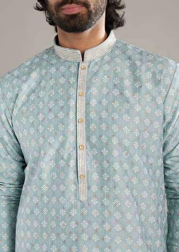 Sky Blue Silk Kurta Set For Men With Floral Printed Motifs