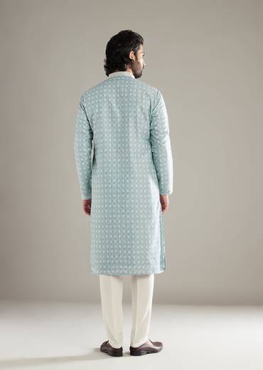 Sky Blue Silk Kurta Set For Men With Floral Printed Motifs