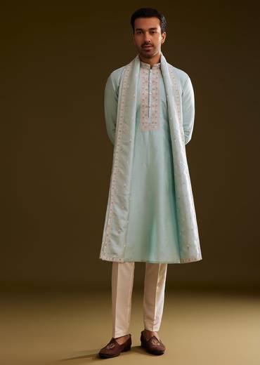 Sky Blue Silk Kurta Set With Embroidered Dupatta