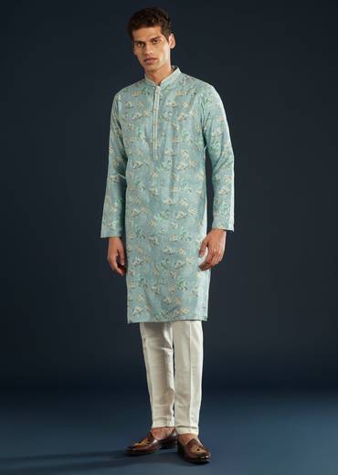 Sky Blue Silk Kurta Set with Floral Motifs