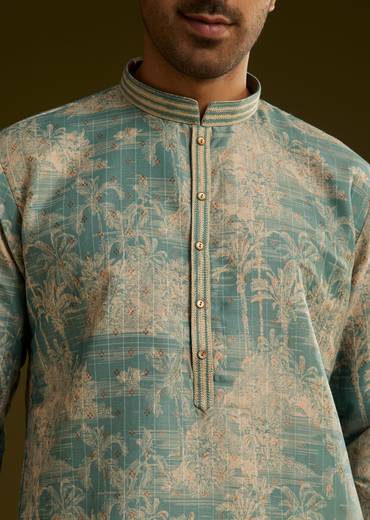 Sky Blue Silk Printed Kurta Set With Tree Motifs