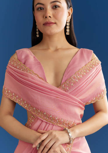 Soft Pink Organza Tissue Saree With Scallop Beaded Finish