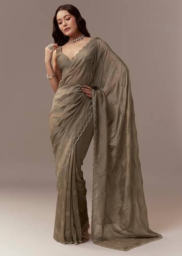 Taupe Brown Kora Silk Saree With Cutdana Stones And Leaf Motif Embroidery