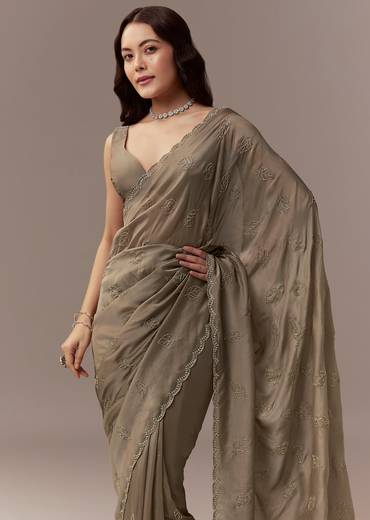 Taupe Brown Kora Silk Saree With Cutdana Stones And Leaf Motif Embroidery