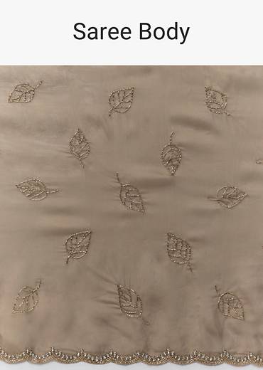 Taupe Brown Kora Silk Saree With Cutdana Stones And Leaf Motif Embroidery