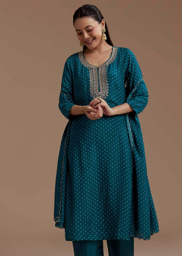 Teal Bandhani Print Silk Kurta Set with Zari Work