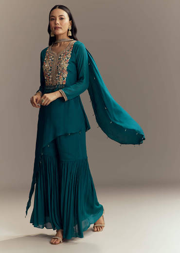 Teal Blue Chinon Sharara Suit With Zardosi Work