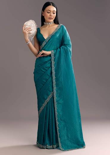Teal Blue Crushed Tissue Stone Embellished Saree With Cutdana Scallop Border