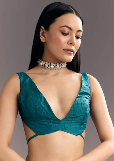 Teal Blue Crushed Tissue Stone Embellished Saree With Cutdana Scallop Border