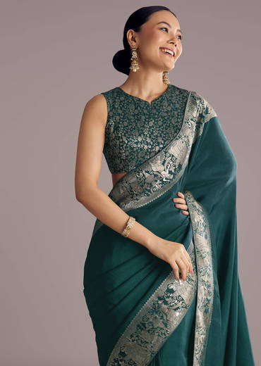 Teal Blue Dola Silk Saree With Zari Woven Motifs