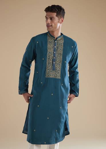 Teal Blue Kurta Set With Thread And Resham Detail