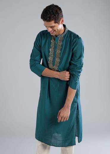 Teal Blue Kurta Set With Thread Resham And French Knot Detailing
