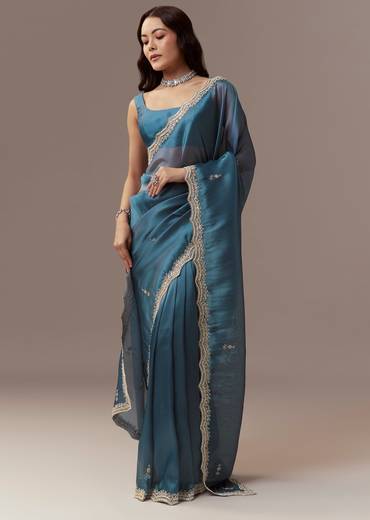 Teal Blue Organza Saree With Cutdana Beads And Sequin Embroidery