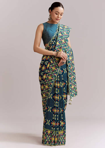 Teal Blue Satin Saree With Ajrakh Print And Scallop Gota Zari Border