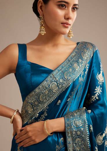 Teal Blue Satin Saree With Zari Woven Work
