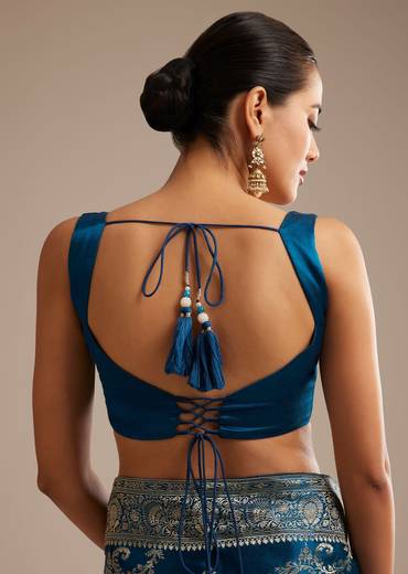 Teal Blue Satin Saree With Zari Woven Work