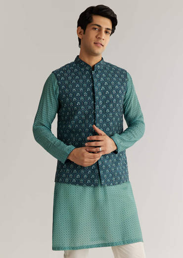 Teal Blue Silk Cutdana Sequins Kurta Jacket Set