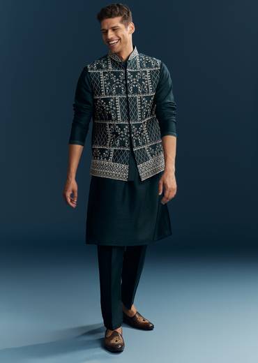 Teal Blue Silk Kurta Jacket Set With Thread And Mirror Work