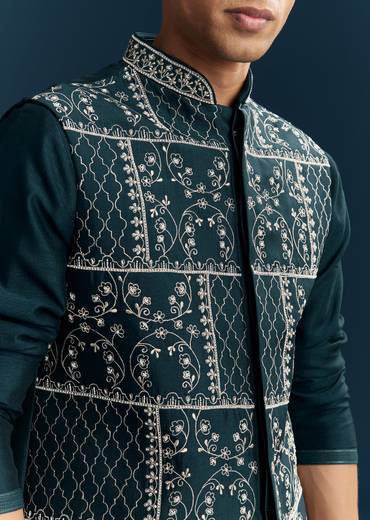 Teal Blue Silk Kurta Jacket Set With Thread And Mirror Work