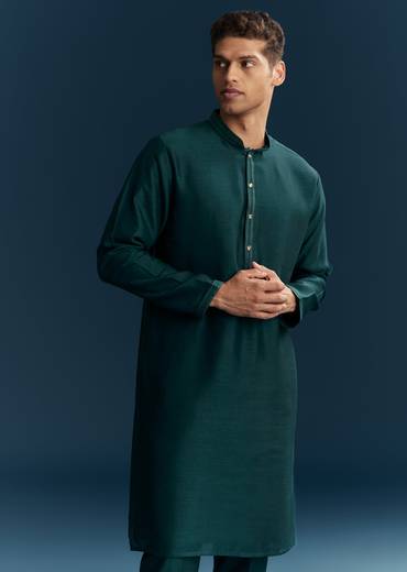 Teal Blue Silk Kurta Jacket Set With Thread And Mirror Work