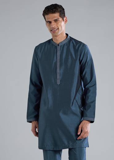 Teal Blue Silk Kurta Jacket Set With Thread Resham Zari Work