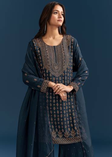 Teal Blue Silk Palazzo Suit With Cut Dana Work And Dupatta
