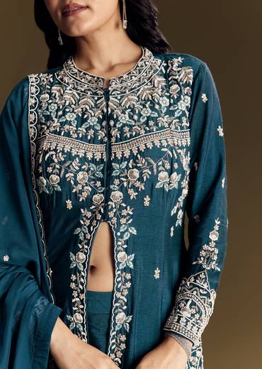 Teal Blue Silk Palazzo Suit With Moti Accents