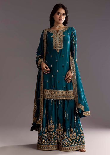 Teal Blue Zari Beaded Kurta With Sequin Palazzo And Butti Work Dupatta