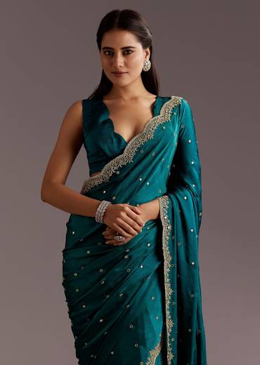 Teal Green Chinon Saree With Cutdana And Sequins Scallop Border