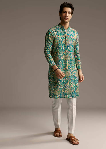 Teal Green Designer Kurta For Men With Ornamental Tree Motif Print