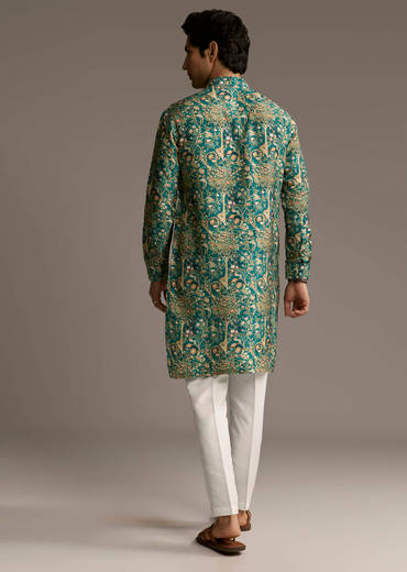 Teal Green Designer Kurta For Men With Ornamental Tree Motif Print