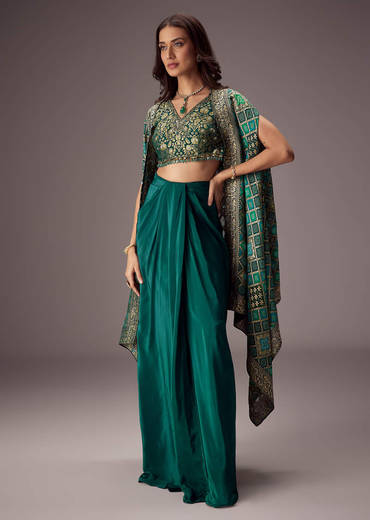 Teal Green Draped Skirt With Embroidered Blouse And Tassel Cape