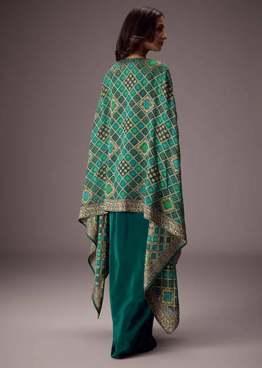 Teal Green Draped Skirt With Embroidered Blouse And Tassel Cape