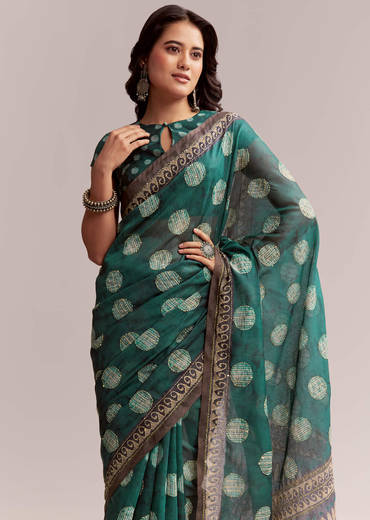 Teal Green Linen Printed Saree With Handcrafted Ajrakh Work