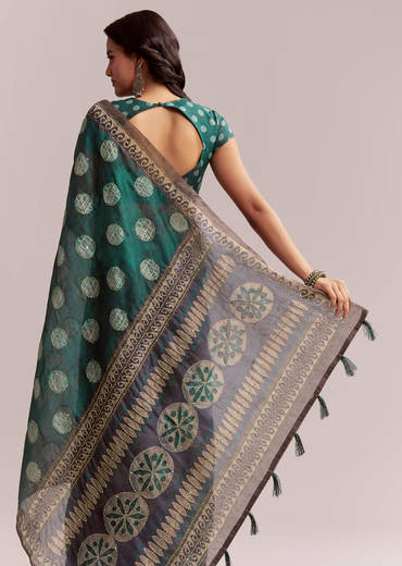 Teal Green Linen Printed Saree With Handcrafted Ajrakh Work