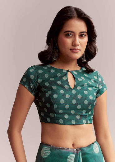 Teal Green Linen Printed Saree With Handcrafted Ajrakh Work