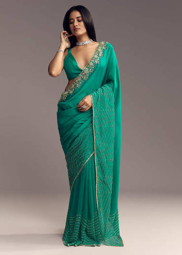 Teal Green Organza Saree With Cut Dana And Sequin Detailing