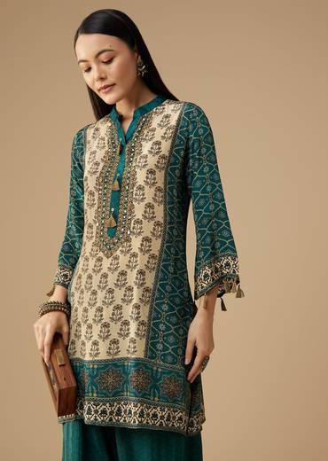 Teal Indie Printed Crepe Kurta Pant Set