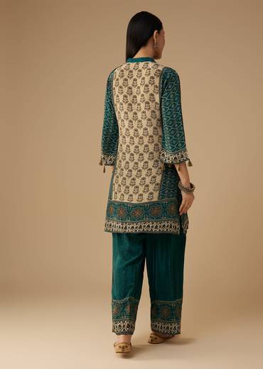 Teal Indie Printed Crepe Kurta Pant Set