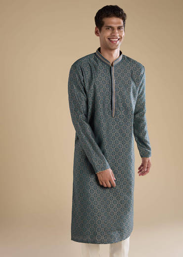 Teal Jacquard Self Work Mens Kurta Set
