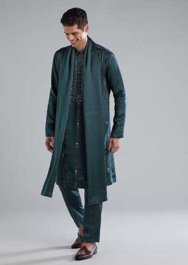 Teal Kurta Set With Hand Embroidery And Cutdana Details