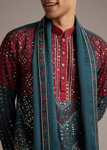Teal Linen Kurta Set For Men With Mirror Work