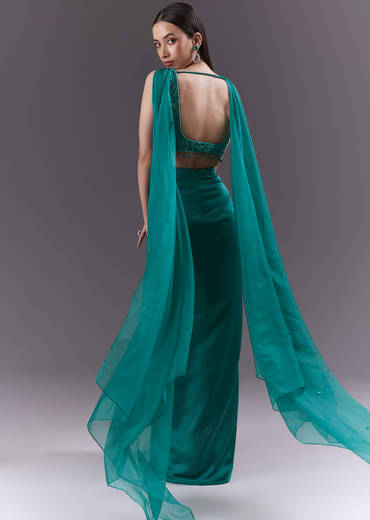 Teal Satin Crop Top And Drape Skirt Set With Heavy Embroidery