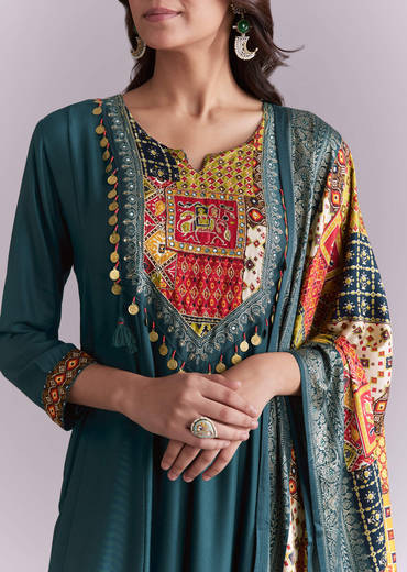 Teal Silk Anarkali Suit With Embroidery And Printed Patch Work
