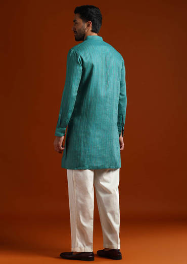 Teal Textured Kurta Set For Men With Thread Embroidery