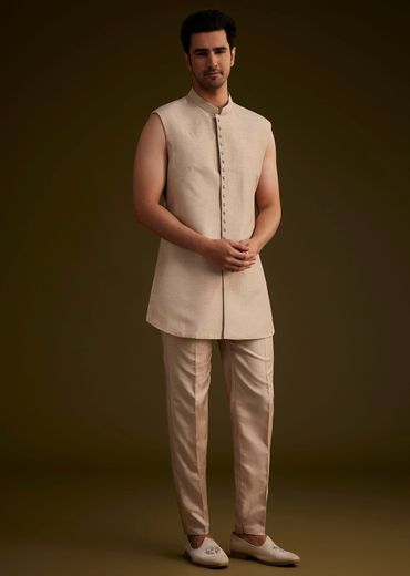 Brown Silk Open Style Sherwani Set With Resham Thread Work